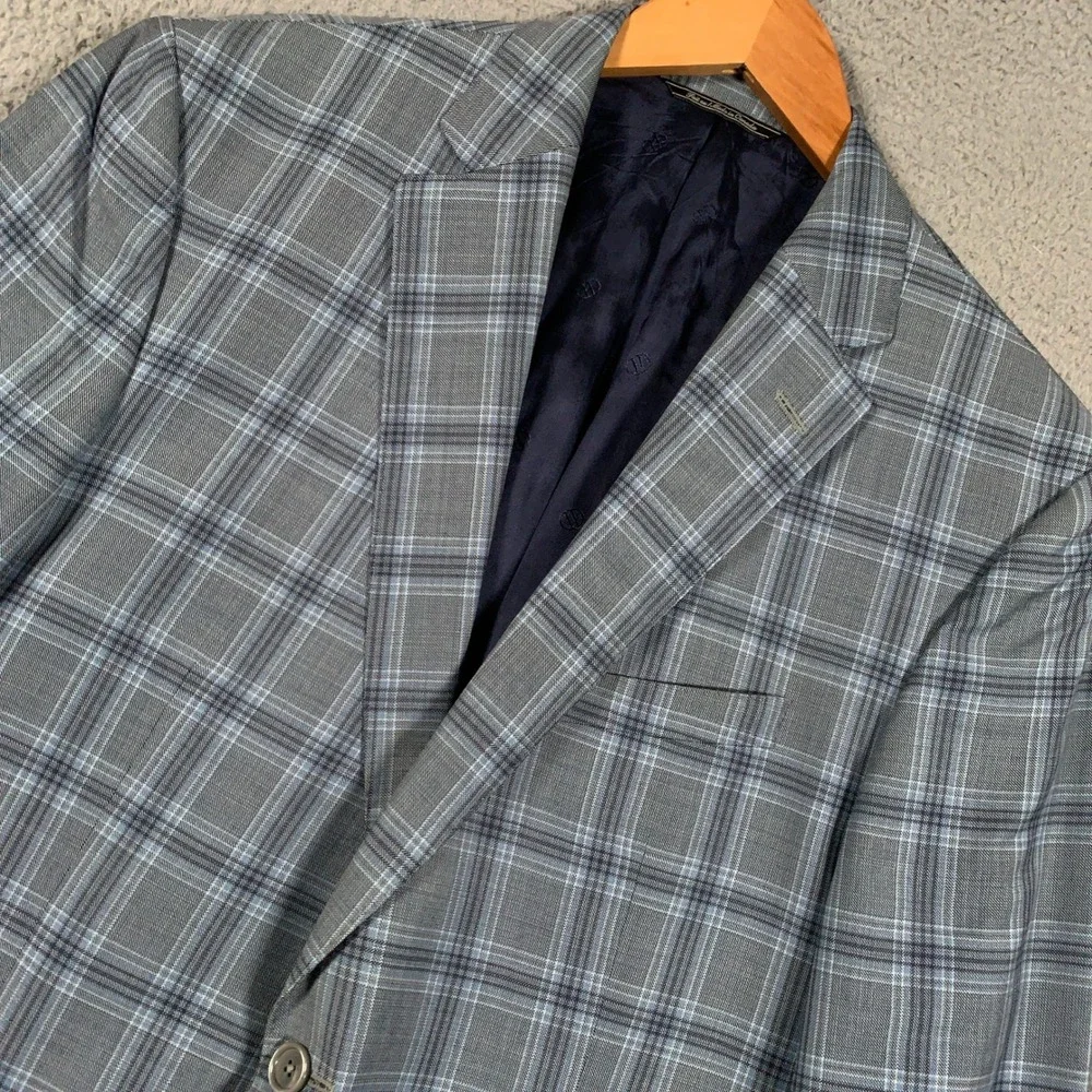 David Donahue Connor SPJ Sport Coat Mens 44R Blue Plaid Wool Blazer Two Button